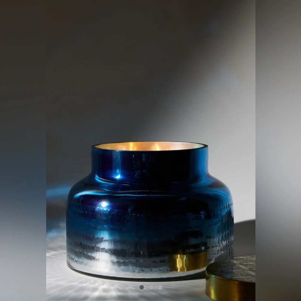 Anthropologie Blue Ombre Capri Blue Volcano Large Glass Lidded Jar Candle NWT